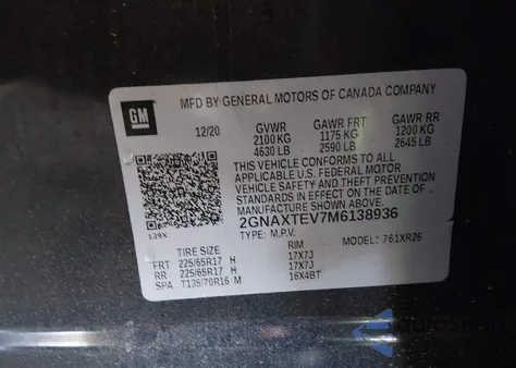 2021 Chevrolet Equinox Awd 2Fl from USA, damaged, VIN 2GNAXTEV7M6138936